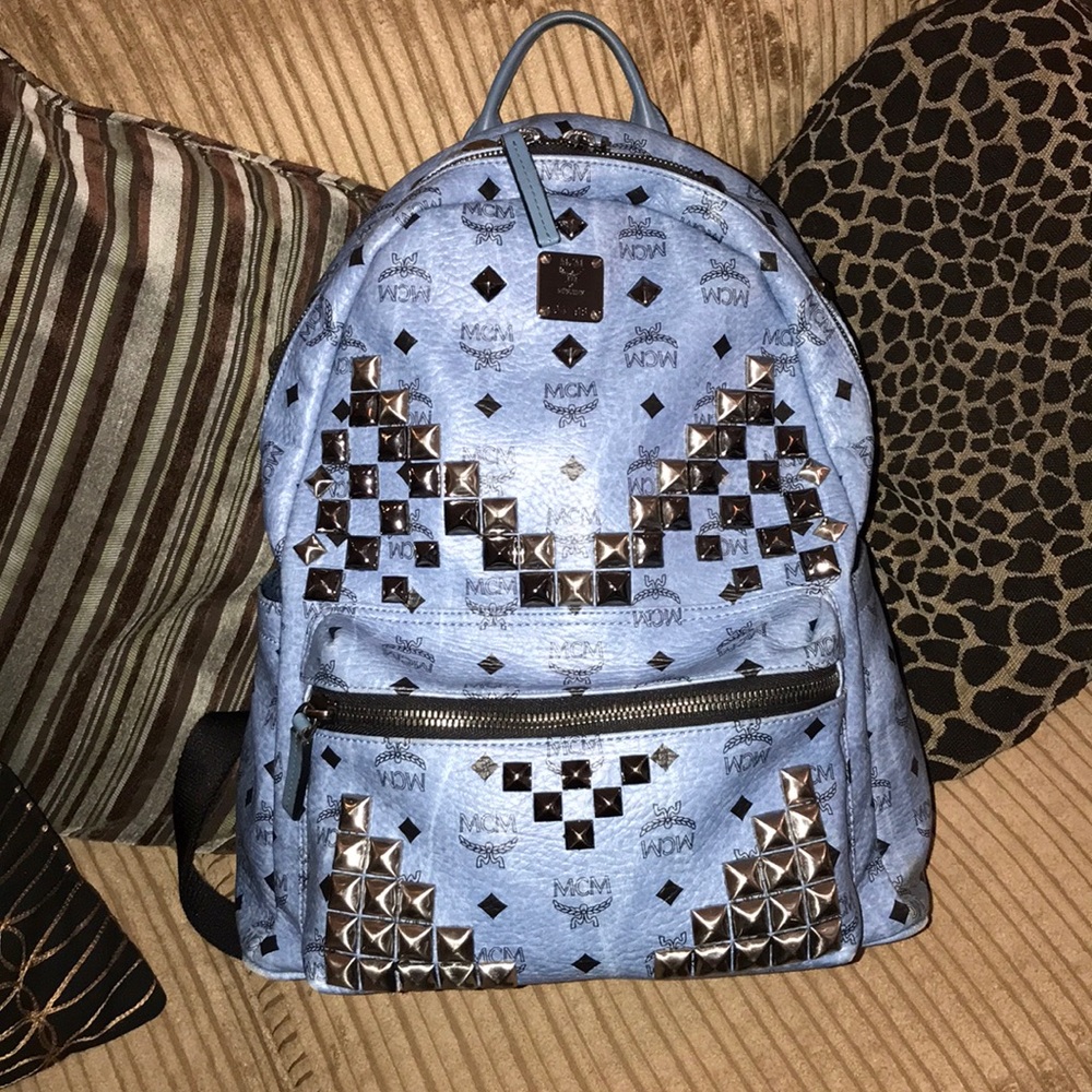 MCM medium blue studded leather backpack!